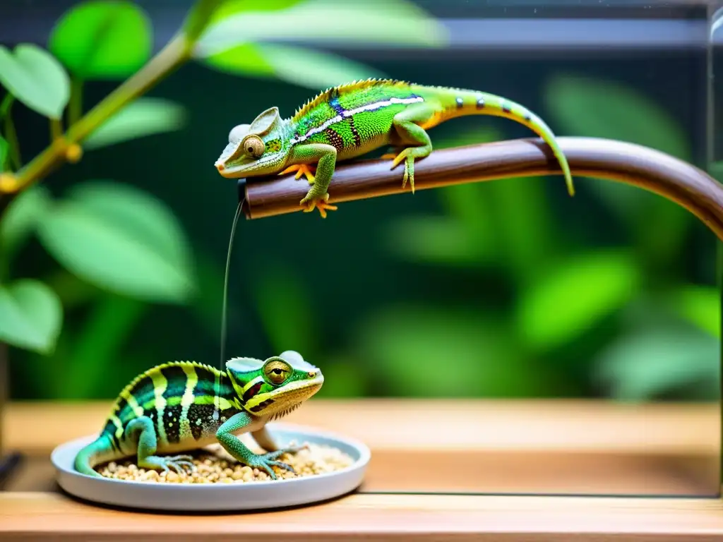 Un camaleón verde vibrante se alimenta de un dispensador automático en un terrario natural