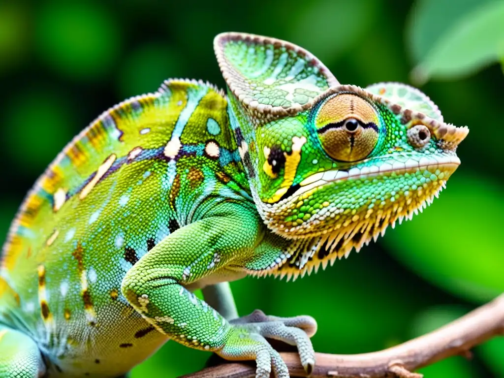 Un camaleón verde vibrante enfocado en un insecto, con su piel detallada y patrones sorprendentes