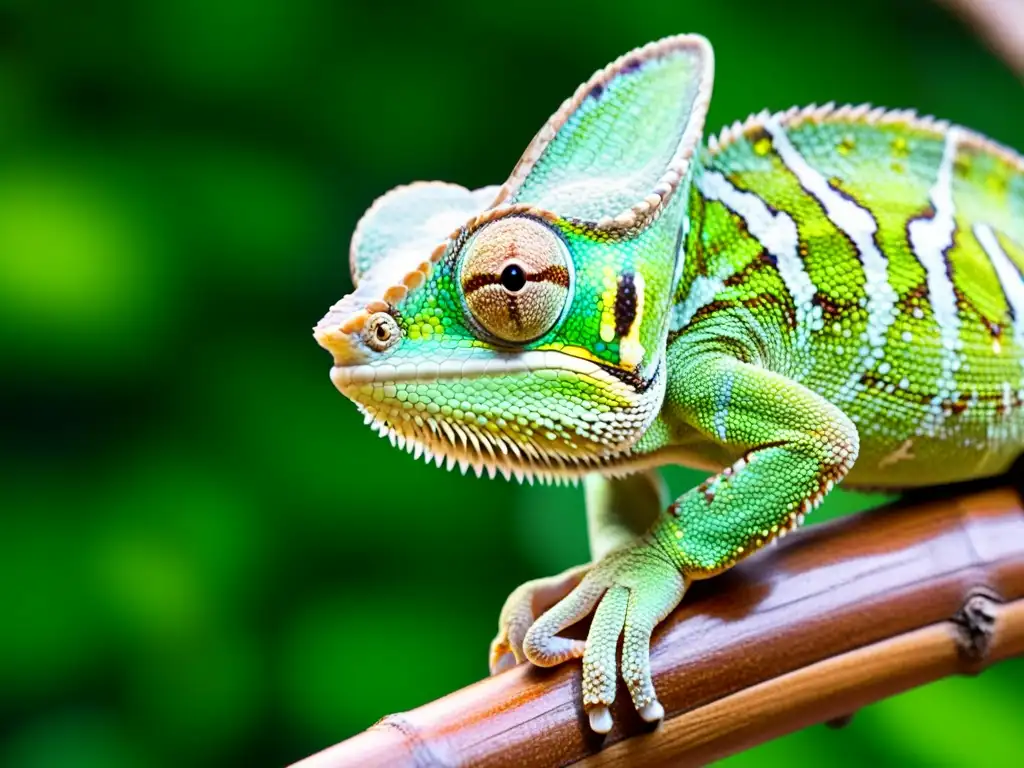 Un camaleón verde vibrante enfocado en un insecto