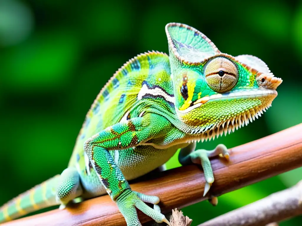 Un camaleón verde vibrante enfocado en un insecto, con patrón de piel detallado