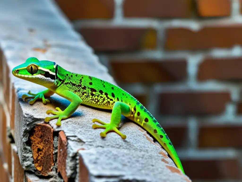 Un gecko verde vibrante observa el entorno desde el costado de un edificio urbano envejecido, destacando el impacto de geckos en hábitat urbano