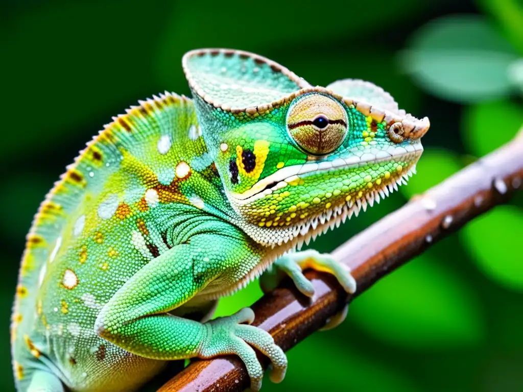 Un camaleón verde vibrante se funde con su entorno, con patrones e intensos colores