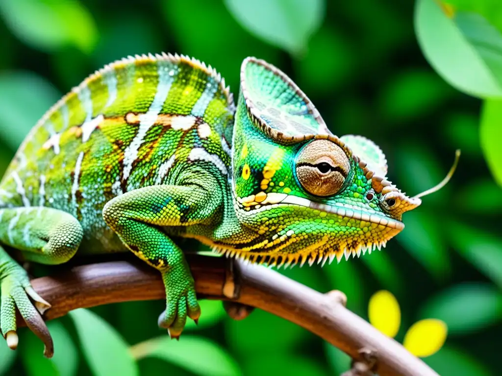 Un camaleón verde vibrante se mimetiza entre la exuberante vegetación, mostrando sus patrones intrincados y texturas