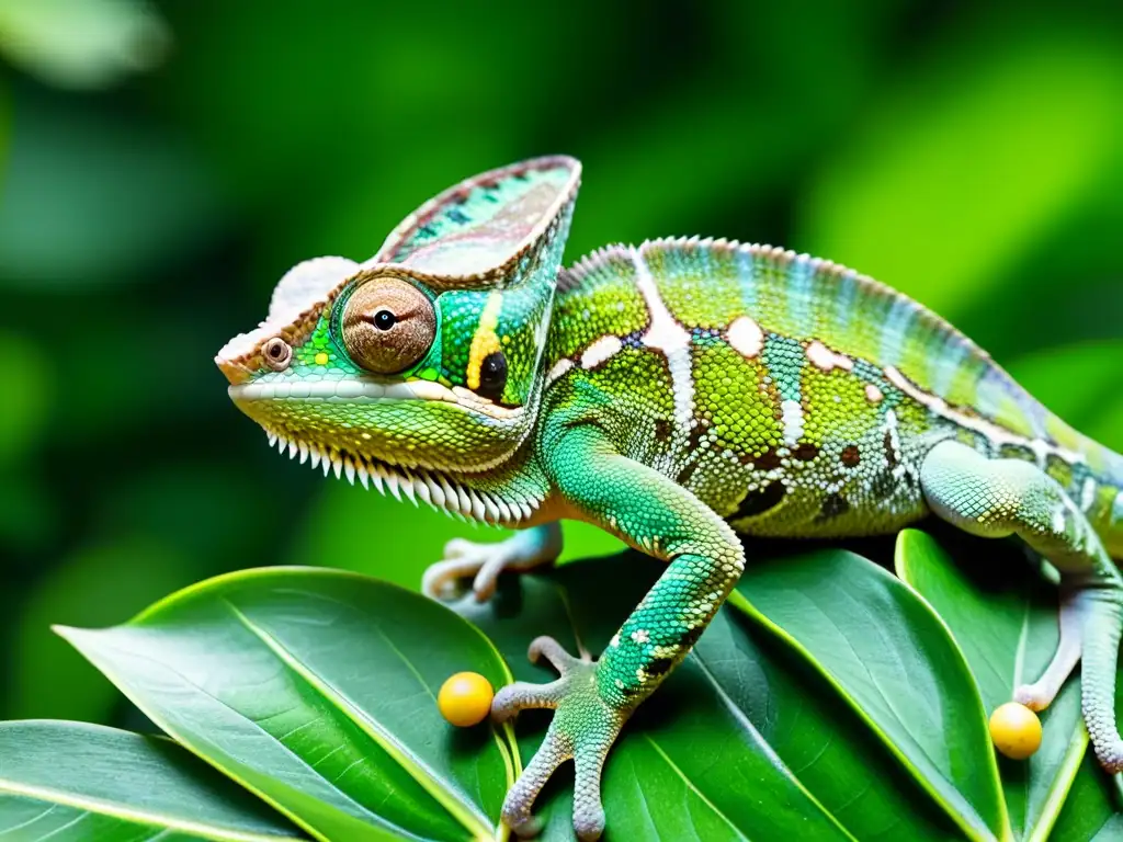 Un camaleón verde vibrante se mimetiza en la exuberante selva tropical, mostrando los efectos de la conquista silente en su hábitat