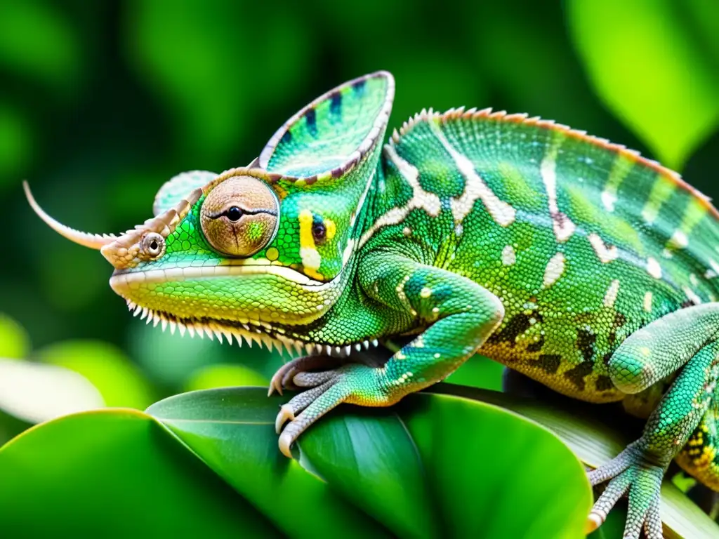 Un camaleón verde vibrante se funde en la exuberante selva tropical