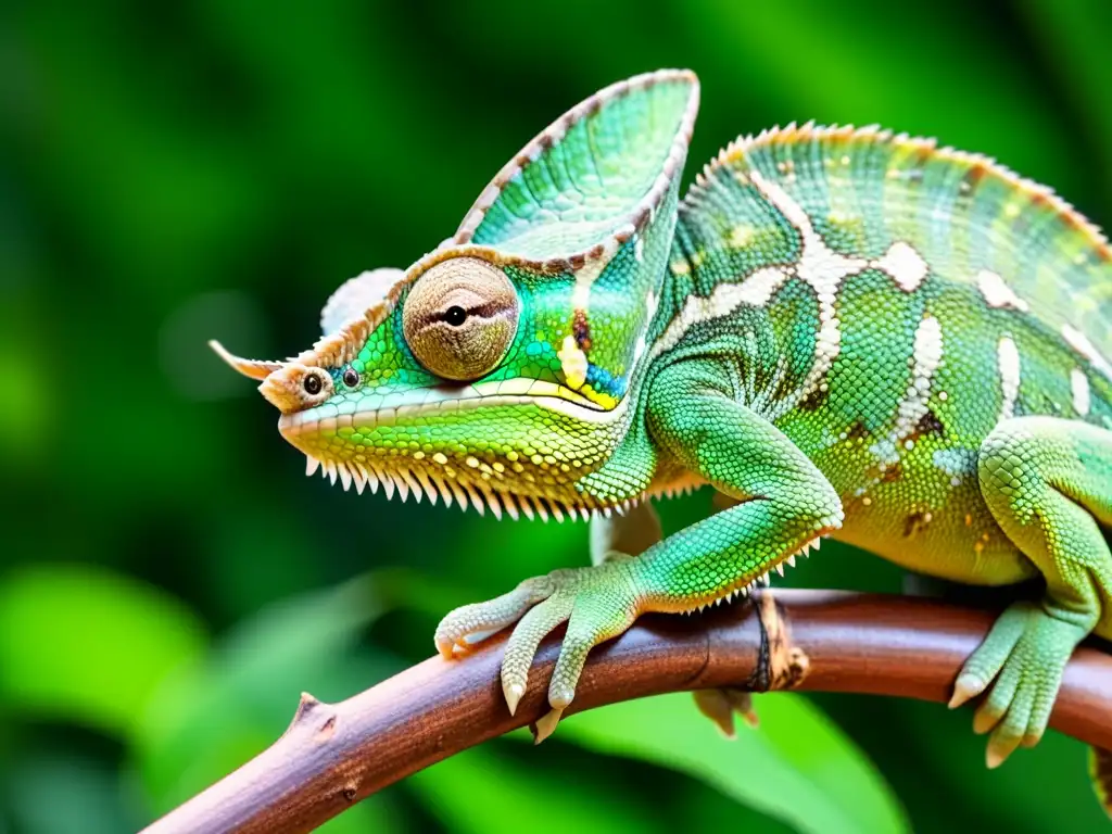 Un camaleón verde vibrante se mimetiza en la exuberante selva