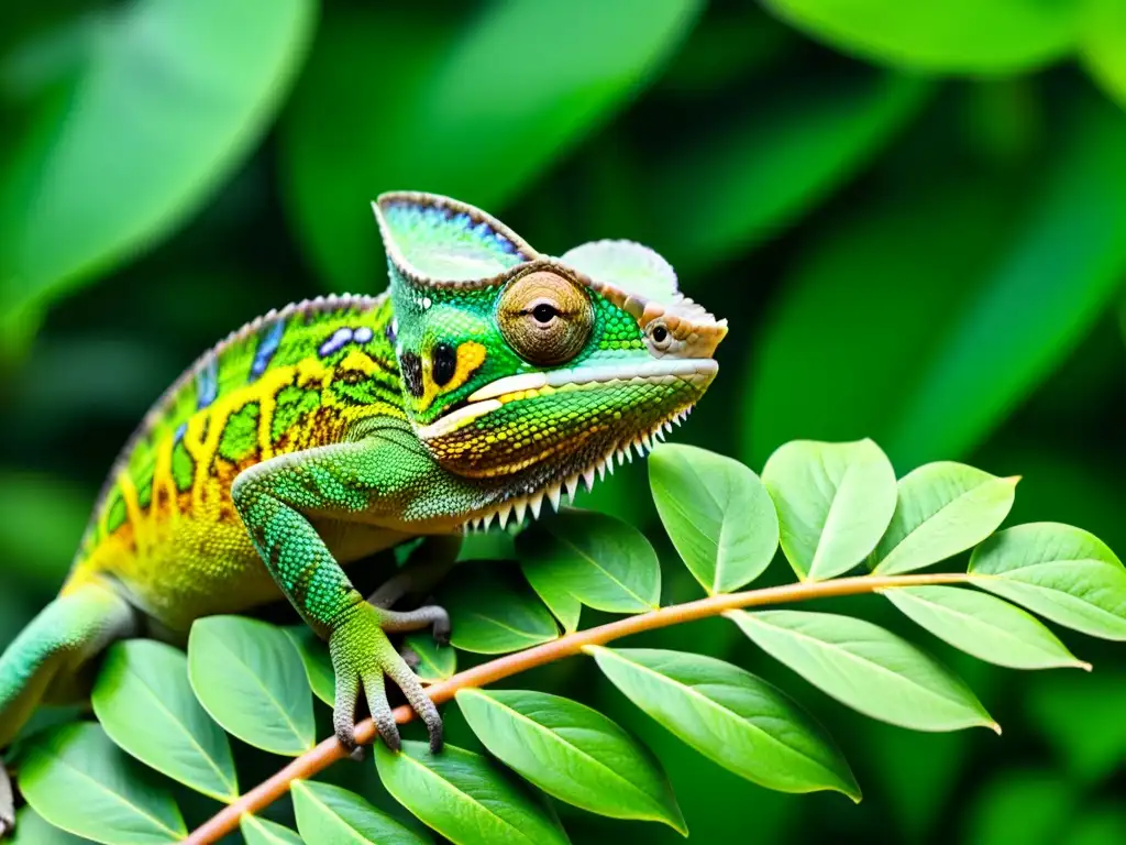 Un camaleón verde vibrante se funde en la exuberante vegetación de la selva tropical, mostrando los efectos de la conquista silente