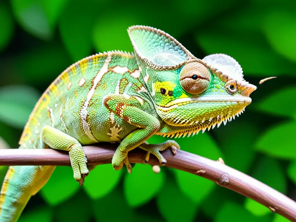 Un camaleón verde vibrante se camufla entre la exuberante vegetación