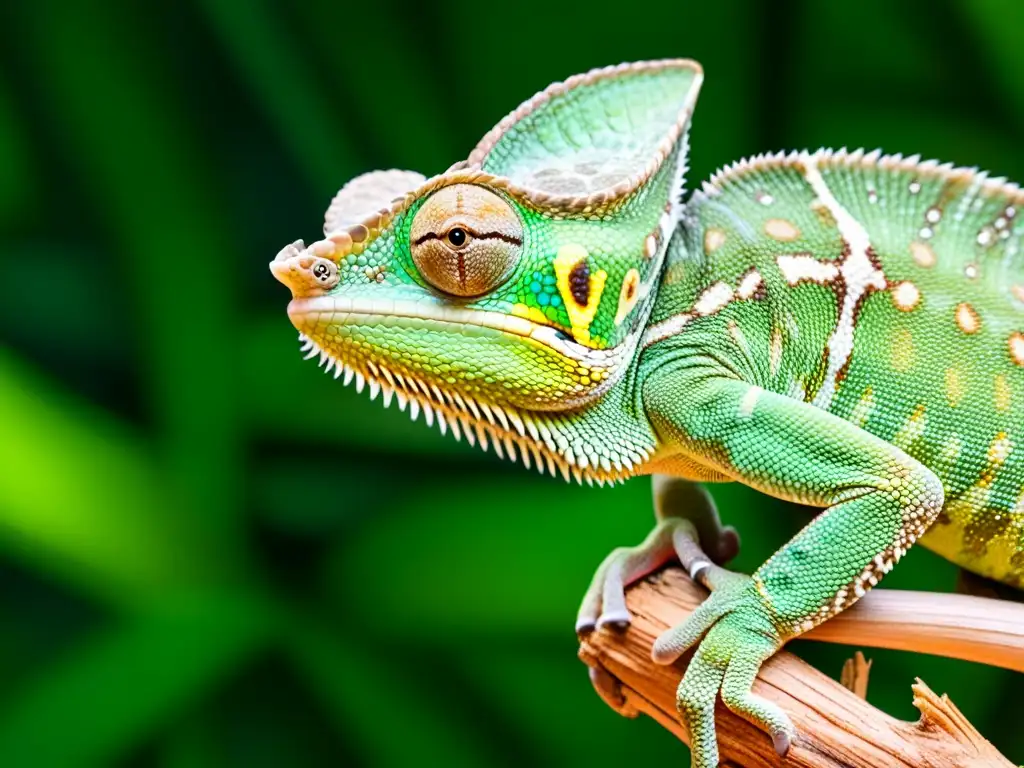 Un camaleón verde vibrante en su hábitat natural, desplegando sus técnicas de caza con precisión enriquecimiento reptiles