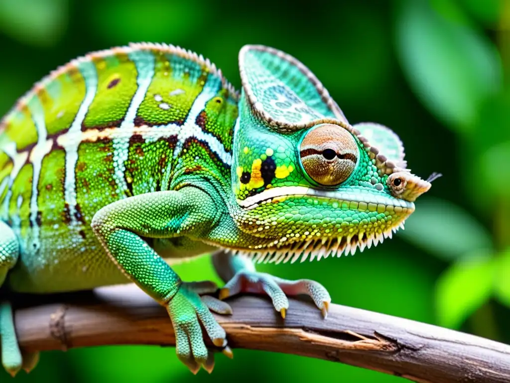 Un camaleón verde vibrante en su hábitat natural, observando atentamente a un insecto