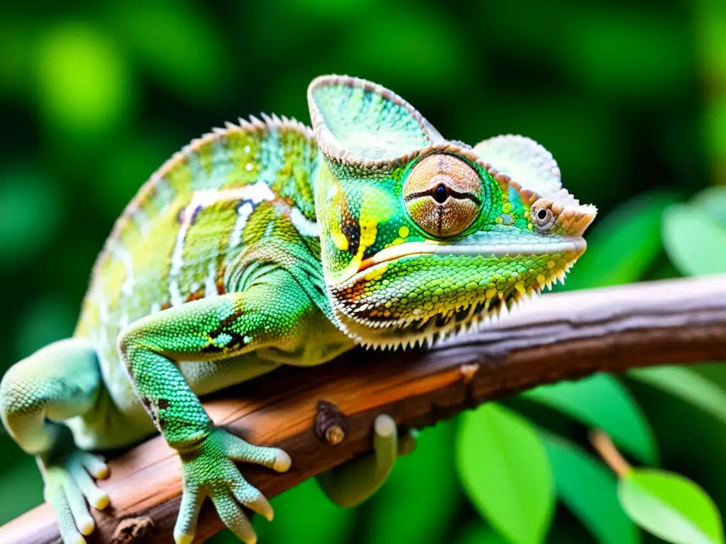 Un camaleón verde vibrante en su hábitat natural, rodeado de exuberante vegetación