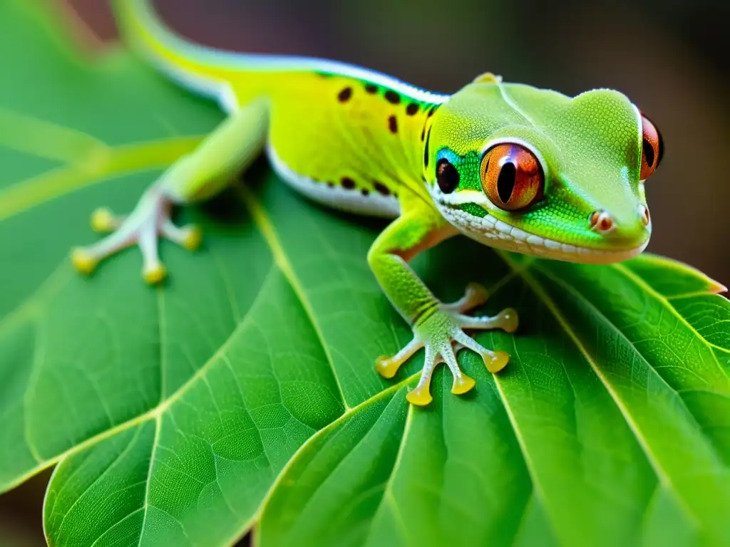 Un gecko verde vibrante descansa en una hoja, mostrando sus detalles en una imagen de alta resolución