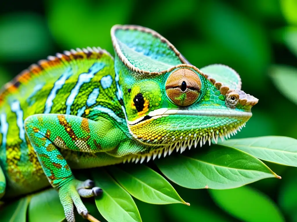 Un camaleón verde vibrante se mimetiza con las hojas de la jungla, mostrando sus habilidades de camuflaje