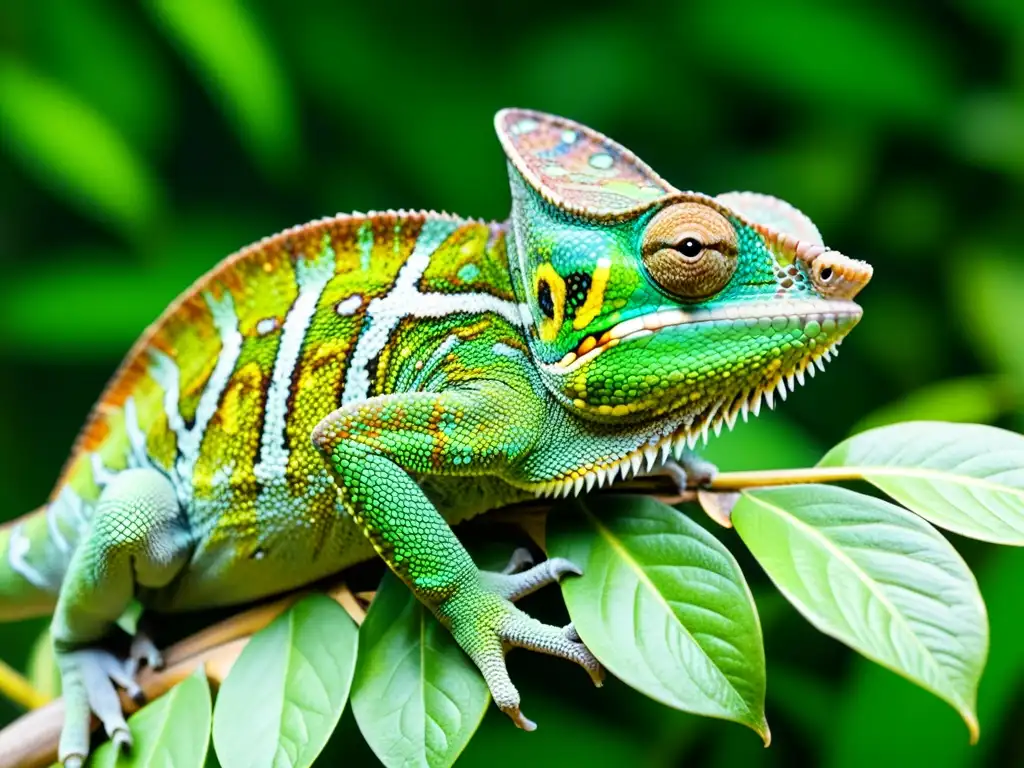 Un camaleón verde vibrante se mimetiza entre las hojas de la selva tropical