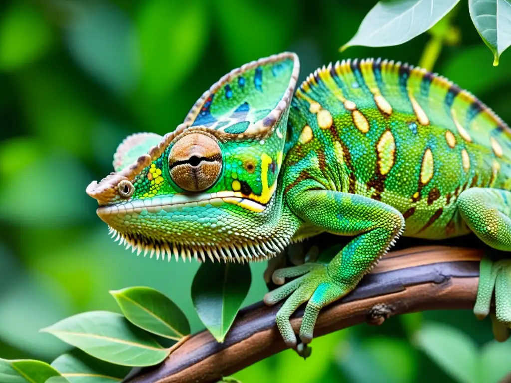 Un camaleón verde vibrante se funde con las hojas