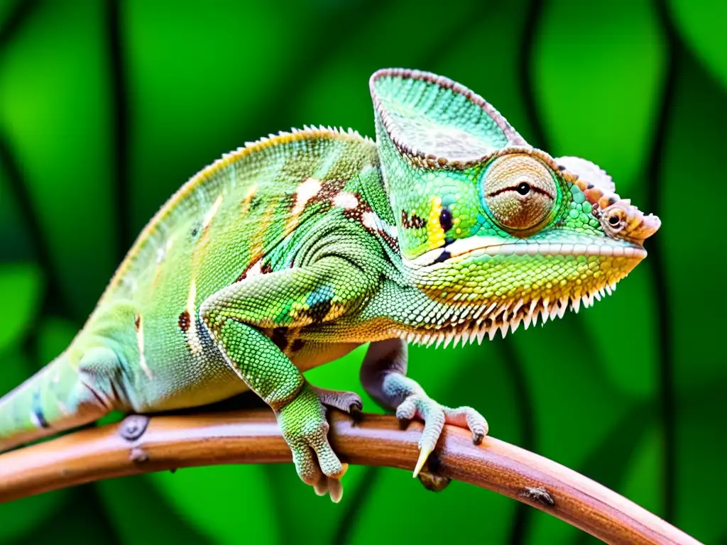 Un camaleón verde vibrante capturando un insecto con su lengua en un entorno tropical exuberante