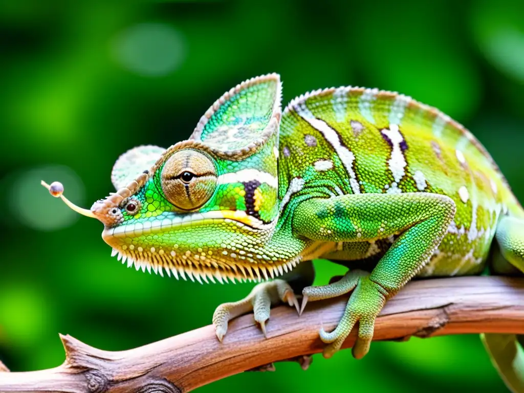 Un camaleón verde vibrante atrapando un insecto con su lengua pegajosa en una rama