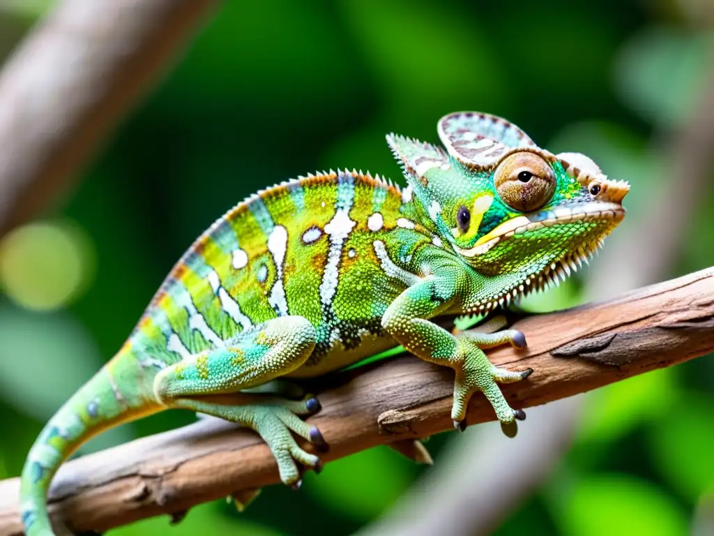 Un camaleón verde vibrante capturando un insecto, con su piel escamosa y ojos giratorios