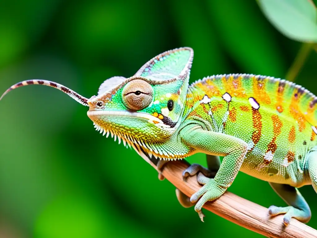 Un camaleón verde vibrante capturando insectos en el aire con su lengua, detallando su piel y las alas de los insectos