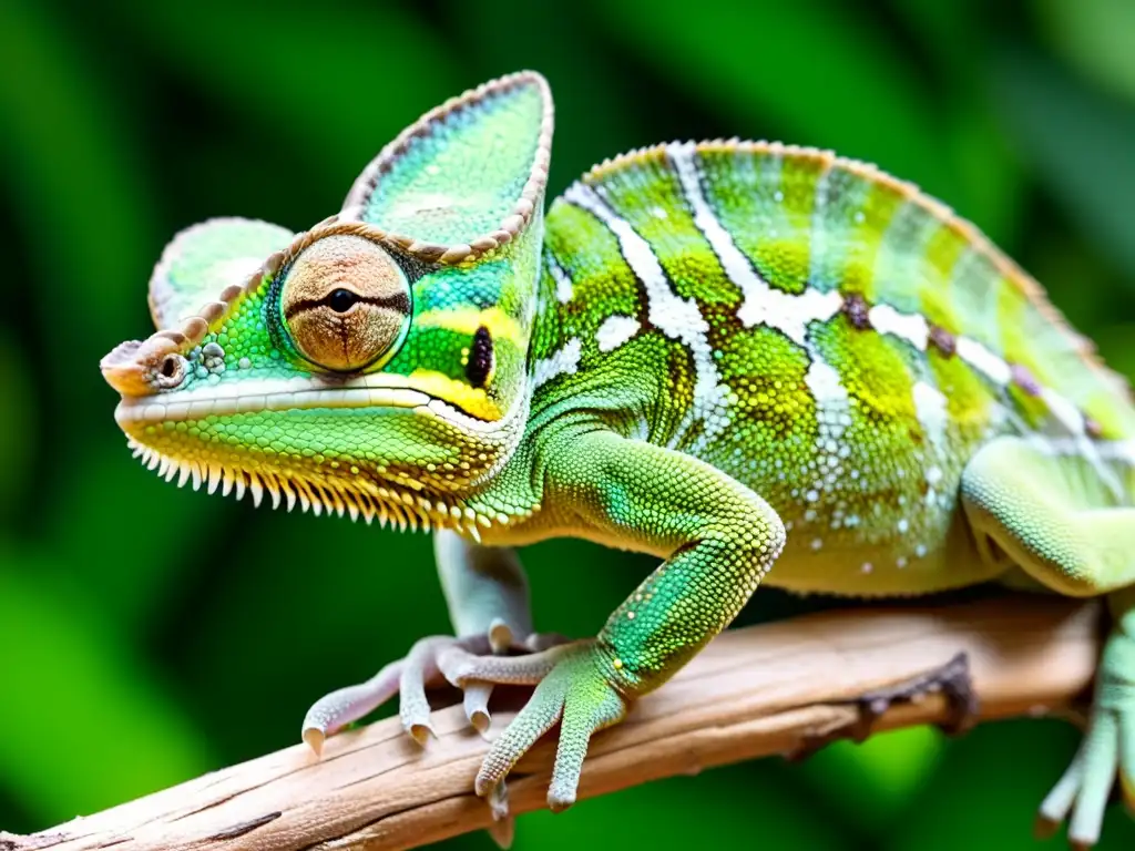 Un camaleón verde vibrante, con sus ojos enfocados y alerta, atrapa un insecto con su larga lengua pegajosa mientras está posado en una rama