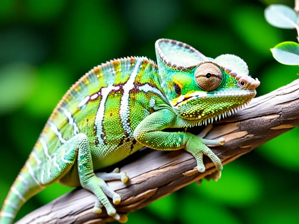 Un camaleón verde vibrante, con piel texturizada y ojos curiosos, posado en una rama