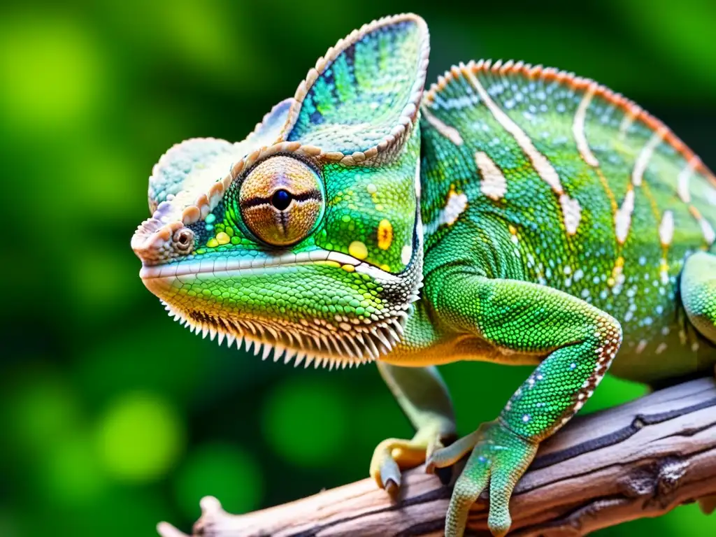 Un camaleón verde vibrante está posado en una rama, con sus ojos hipnotizantes fijos en la cámara