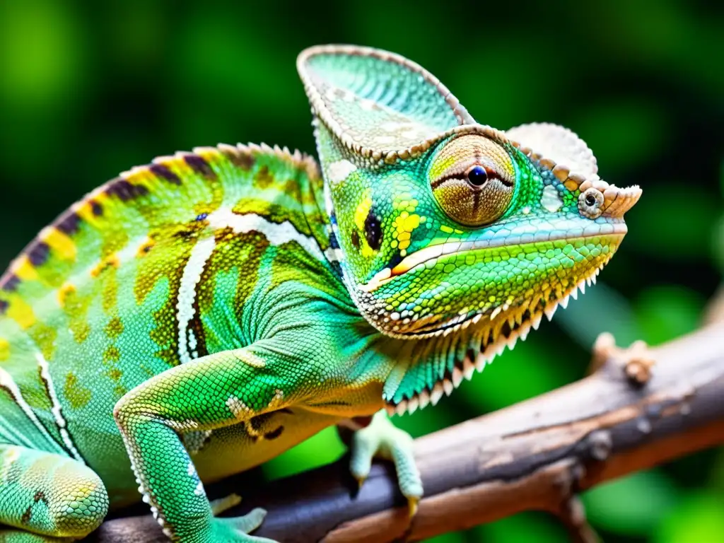 Un camaleón verde vibrante posado en una rama, con detalles de escamas y ojos