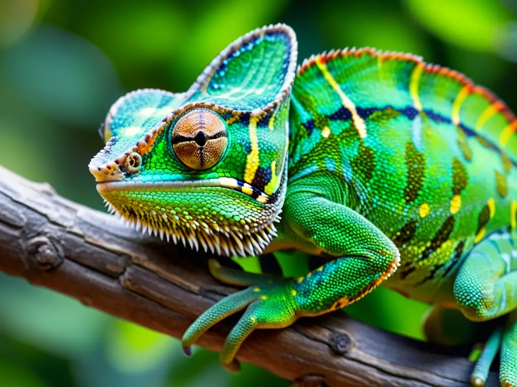 Un camaleón verde vibrante posado en una rama, con patrones y colores hipnóticos