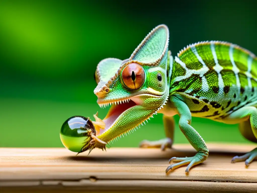 Un camaleón verde vibrante capturando con precisión un grillo con su lengua pegajosa