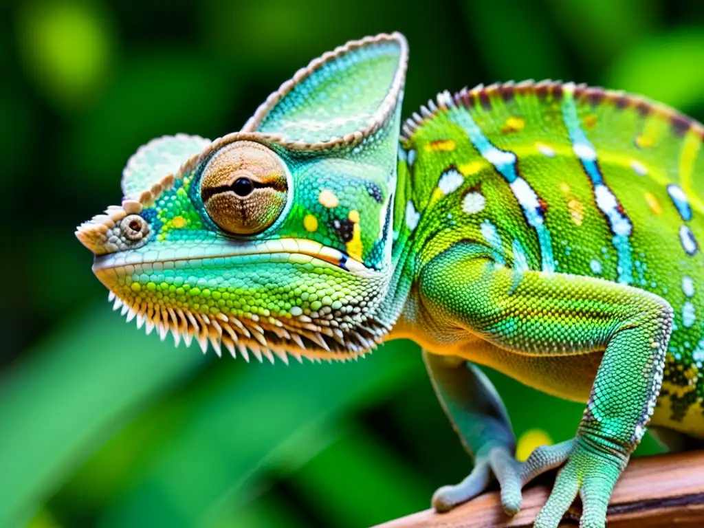 Un camaleón verde vibrante descansa en una rama, con escamas detalladas y ojos únicos