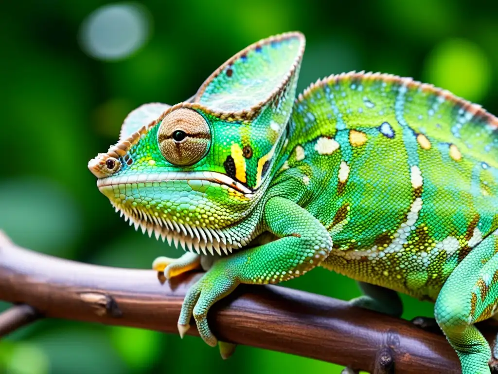 Un camaleón verde vibrante descansa en una rama, sus escamas texturizadas y patrón claramente visibles