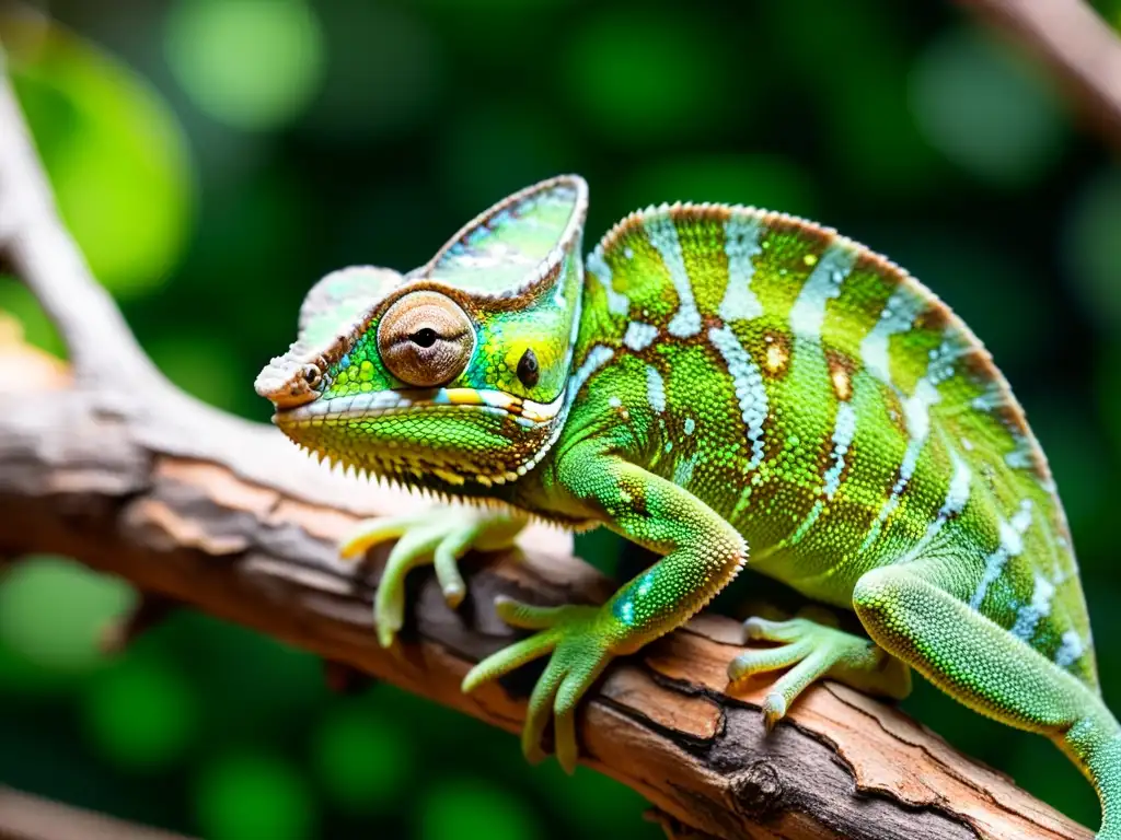 Un camaleón verde vibrante descansa en una rama, destacando sus escamas iluminadas