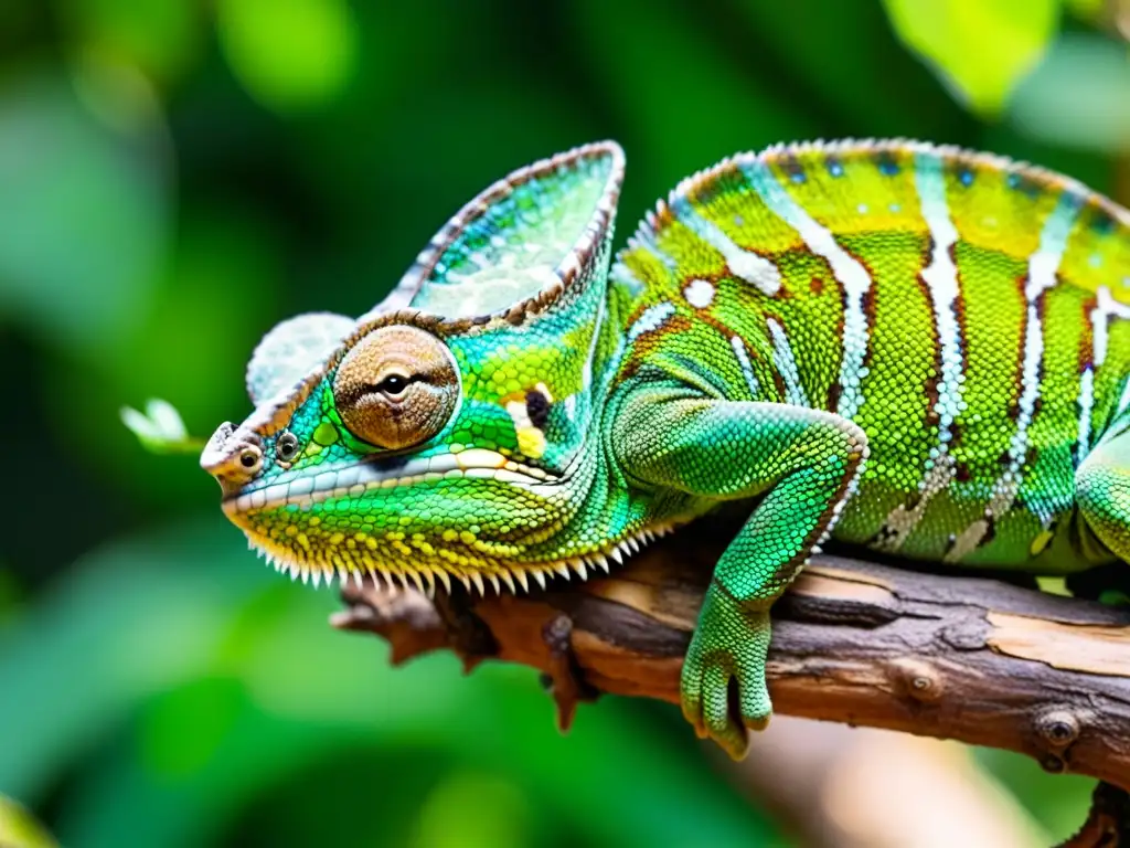 Camaleón alerta: belleza camuflada en la naturaleza Un camaleón verde vibrante descansa en una rama, con escamas intrincadas y ojos alertas