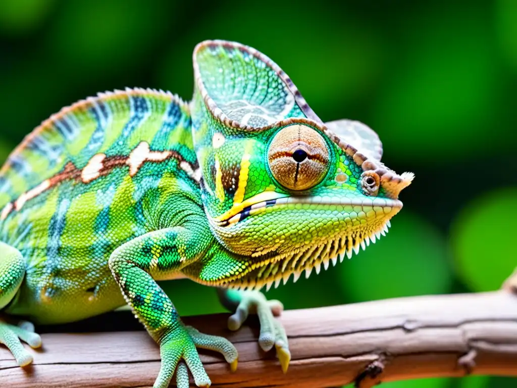 Un camaleón verde vibrante en una rama, con escamas detalladas y ojos únicos