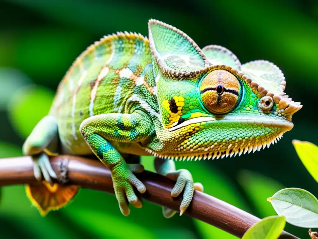 Un camaleón verde vibrante en una rama, extiende su larga lengua hacia un insecto