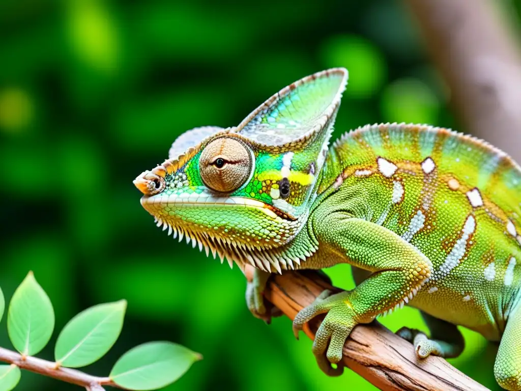 Un camaleón verde vibrante acecha en una rama, extendiendo su lengua pegajosa para capturar un insecto