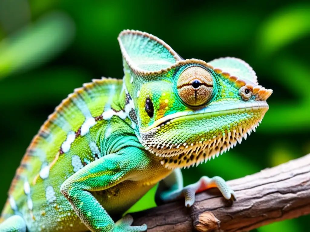 Un camaleón verde vibrante descansa en una rama, sus ojos expresivos y su piel texturizada capturan la luz