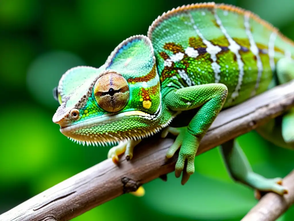 Un camaleón verde vibrante descansa en una rama, ojos fijos en un insecto