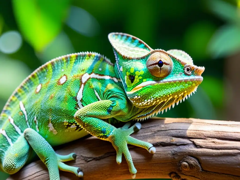 Un camaleón verde vibrante descansa en una rama, con sus ojos alerta y su piel escamosa detallada