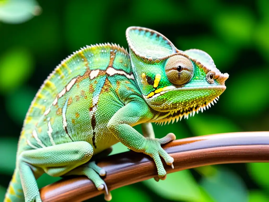 Un camaleón verde vibrante se aferra a una rama, mostrando sus patrones de piel y camuflaje natural