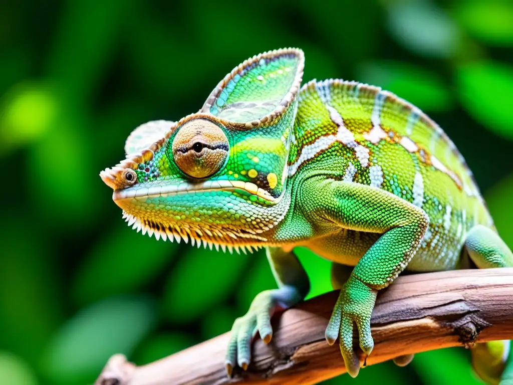 Un camaleón verde vibrante descansa en una rama, su piel refleja la luz del bosque