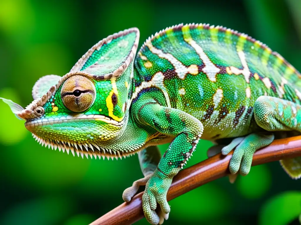 Un camaleón verde vibrante se aferra a una rama, su piel escamosa muestra una gama de tonos esmeralda y jade