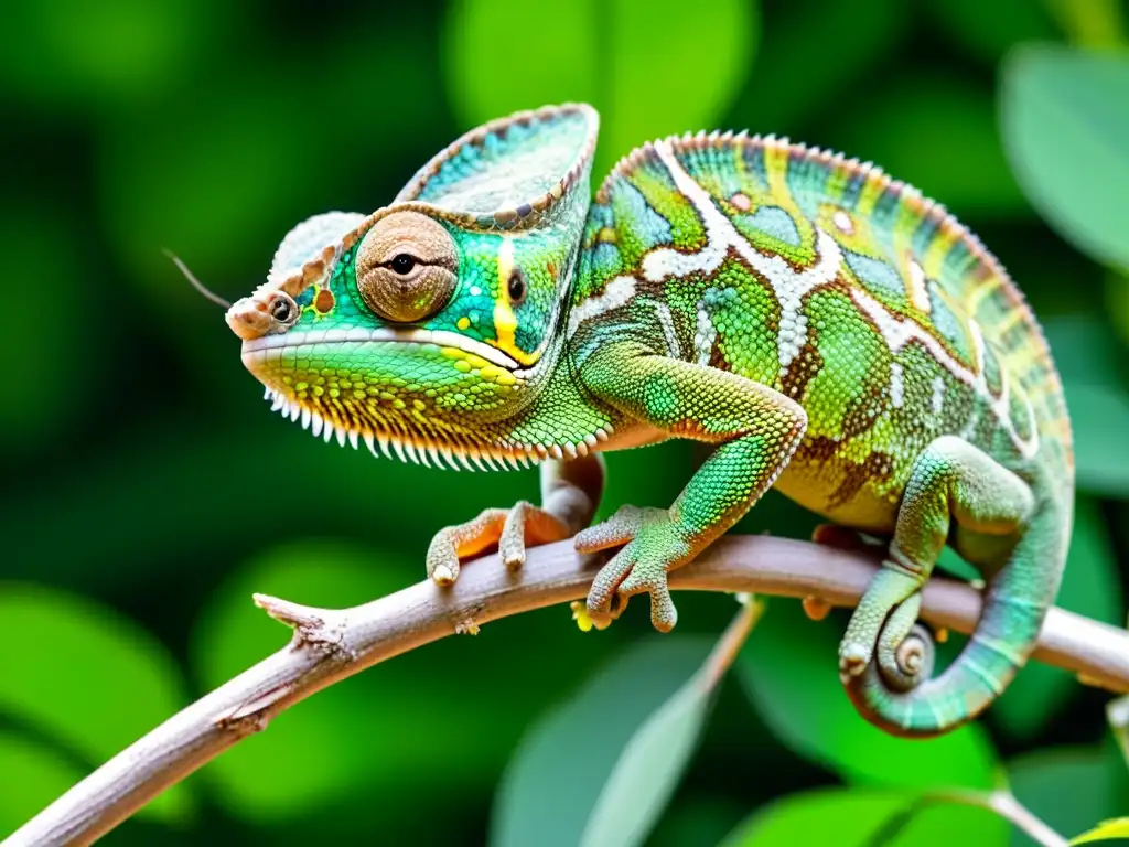 Un camaleón verde vibrante se aferra a una rama, con su piel texturizada mimetizándose con el follaje