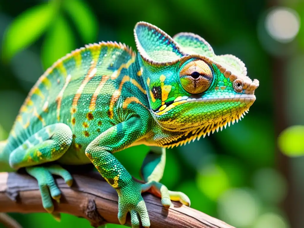 Un camaleón verde vibrante se aferra a una rama, mostrando la protección de reptiles ante el cambio climático