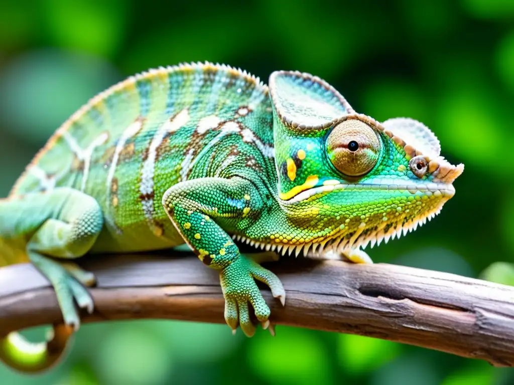 Un camaleón verde vibrante en una rama, con textura detallada y ojo alerta