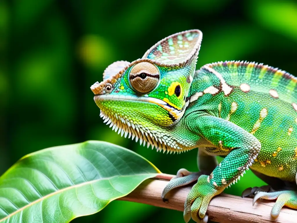 Un camaleón verde vibrante descansa en una rama