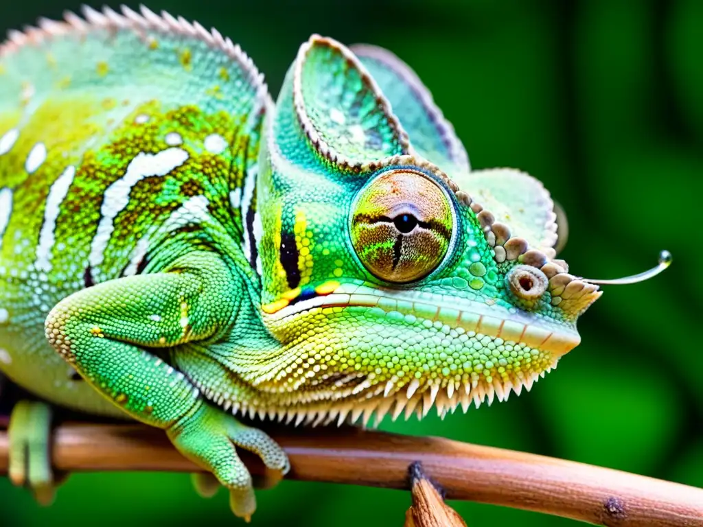 Un camaleón verde vibrante con textura y patrones de color, ojos alerta y gotas de agua en su piel