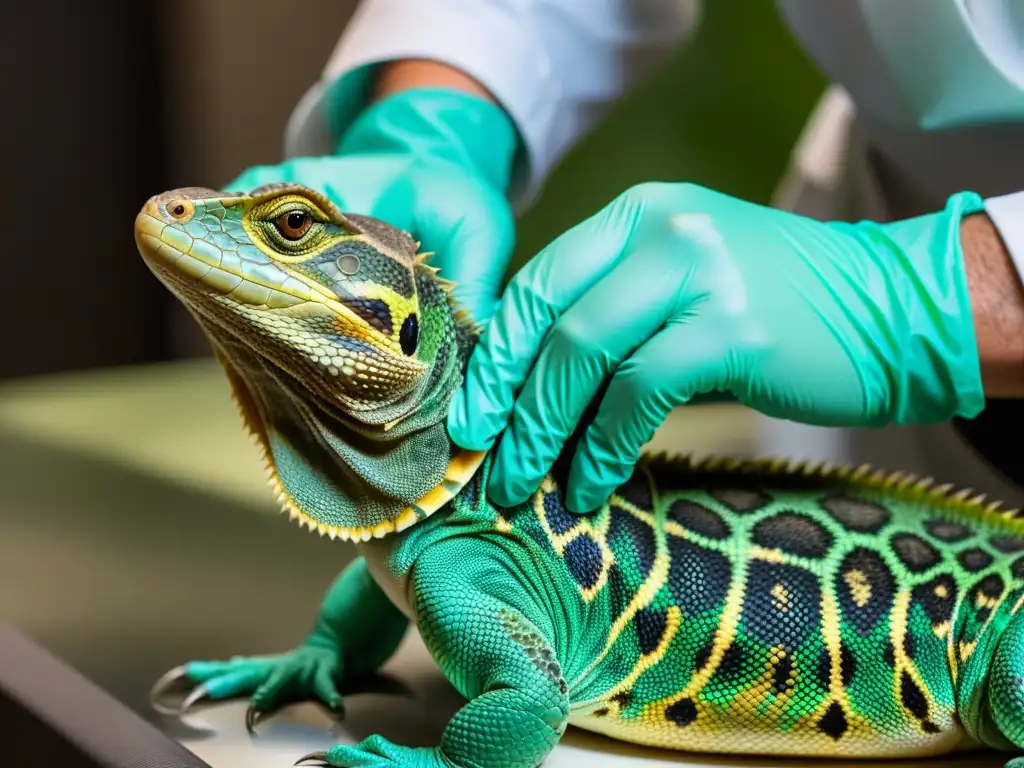 Una veterinaria examina cuidadosamente la cloaca de un reptil, destacando la atención profesional y el cuidado detallado