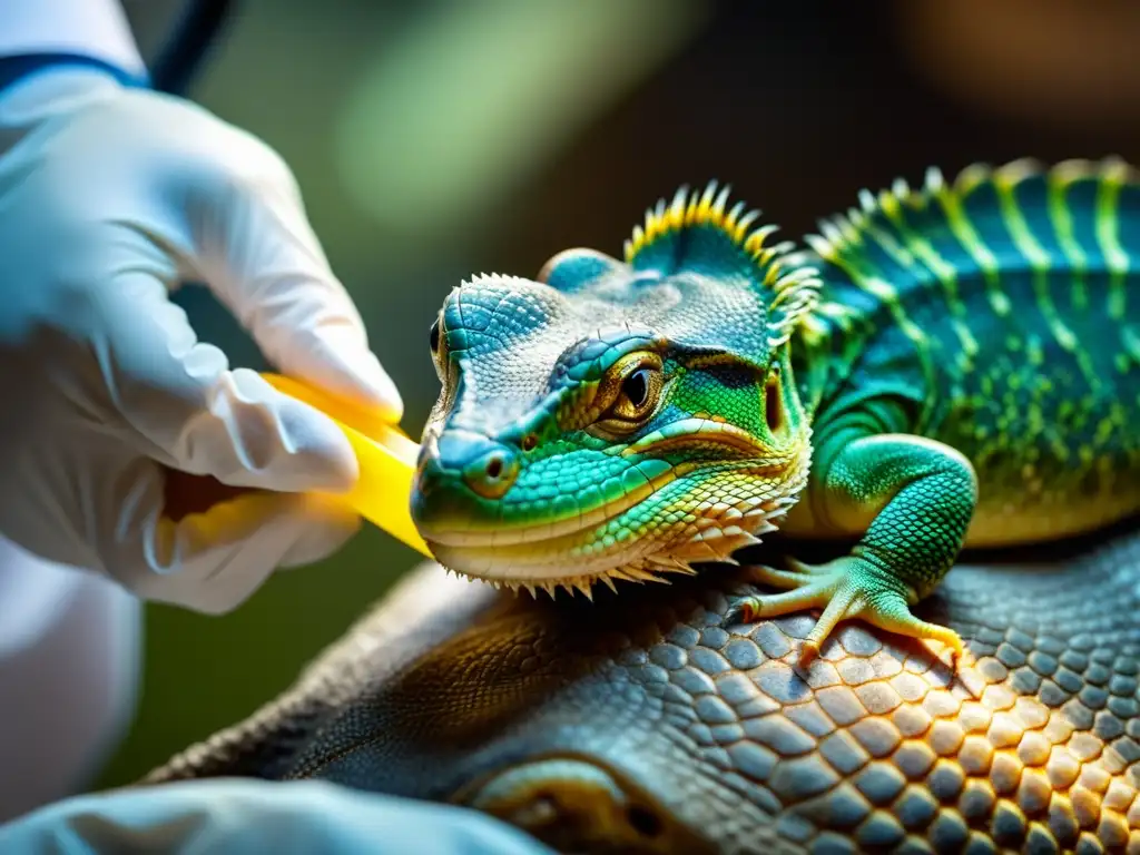 Veterinario cuidadosamente tratando un absceso en la piel de un reptil, mostrando precisión y calma