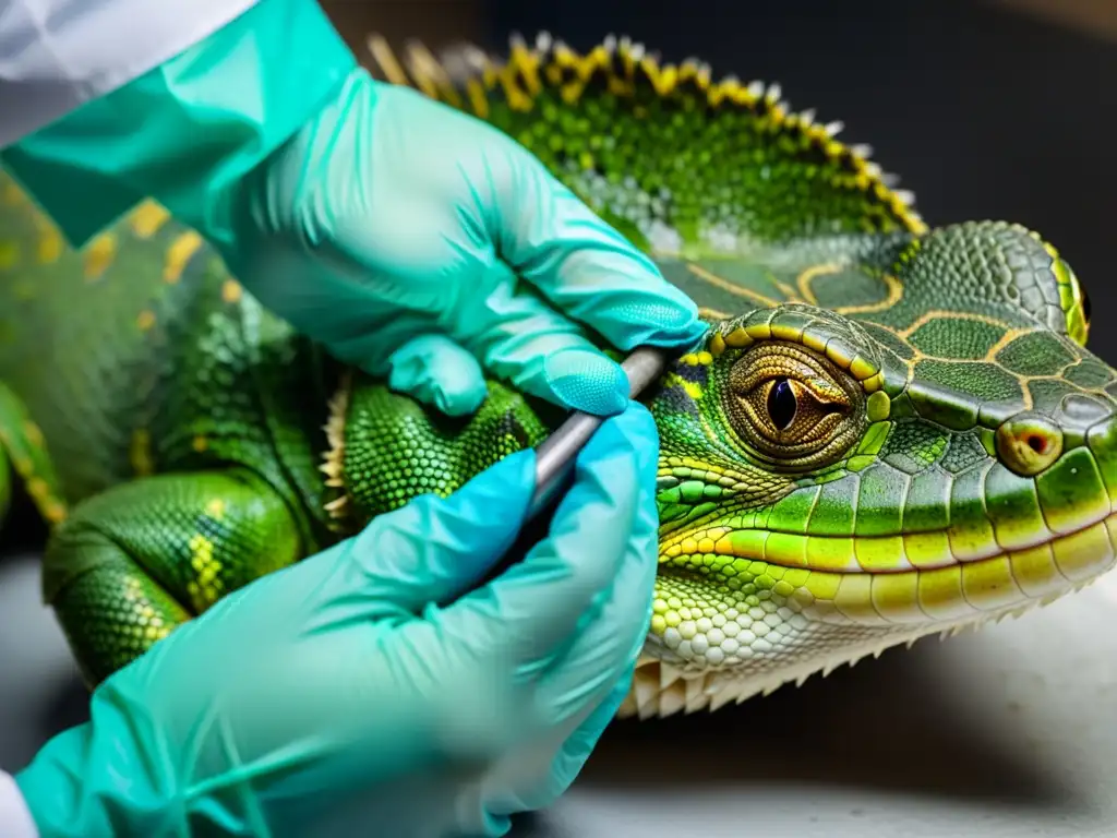 Un veterinario cuidadosamente trata un absceso en la piel de un reptil, mostrando la meticulosa curación de abscesos en reptiles